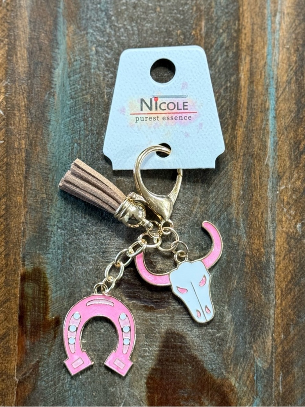 Nicole Purest Essence Pink Western Bag Charm Cow Skull Horseshoe Tassel NWT
